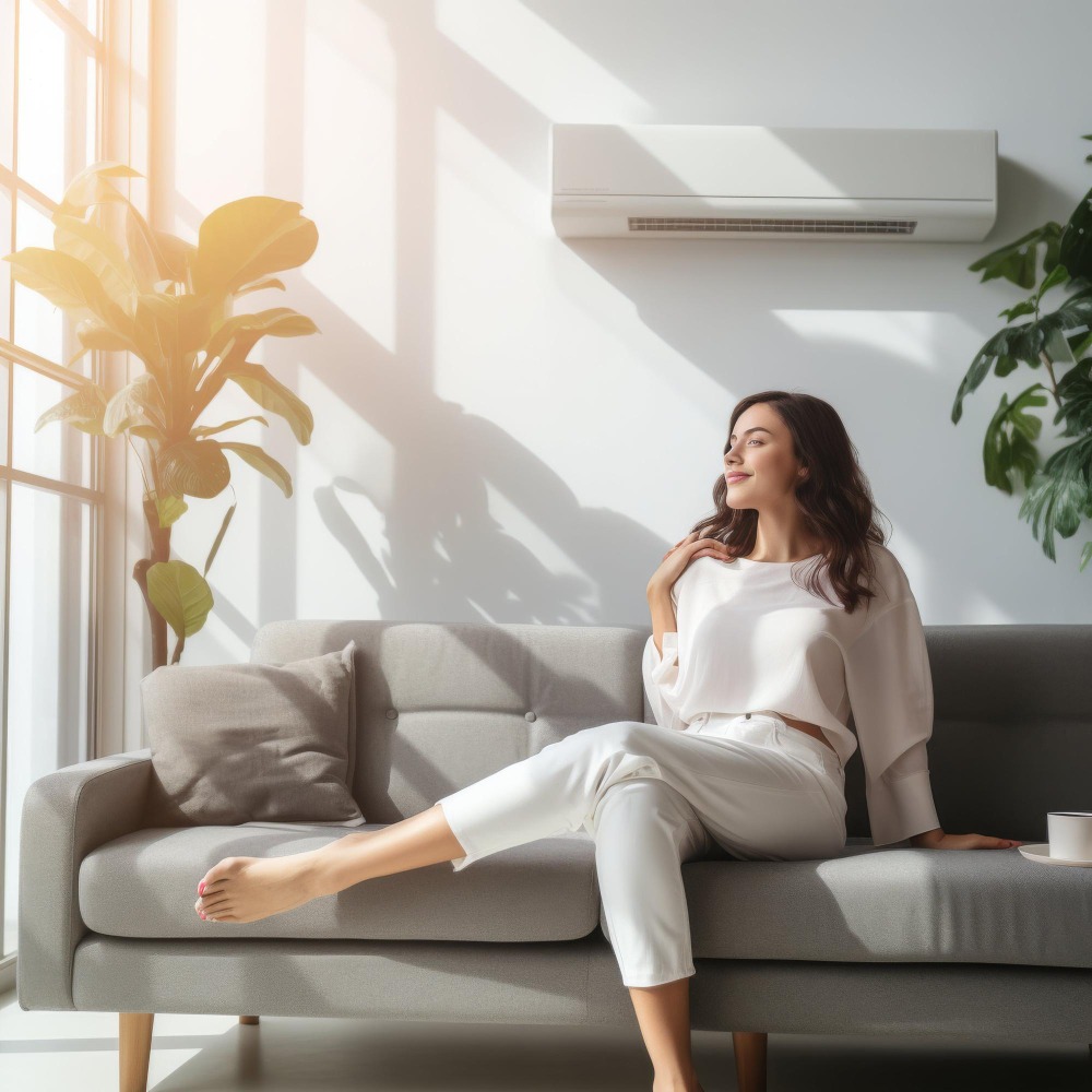 clima Donna in salotto con un condizionatore<br />
- Energeo Srl Sassari - Condizionatori - climatizzatori - pompe di calore - Ferroli Sime Beretta